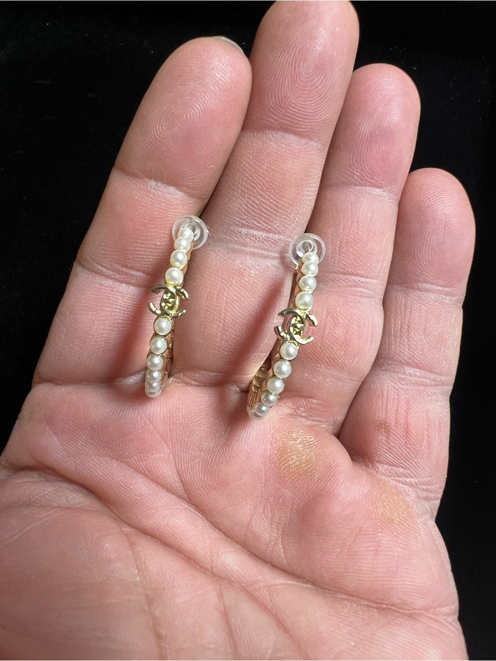ChaneI Faux Pearl Hoop Gold-Tone Logo  Earrings For Pierced Ears